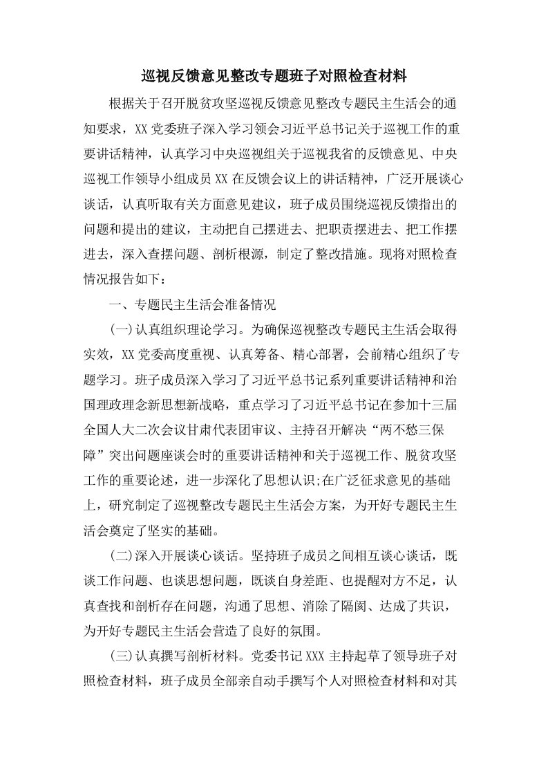 巡视反馈意见整改专题班子对照检查材料