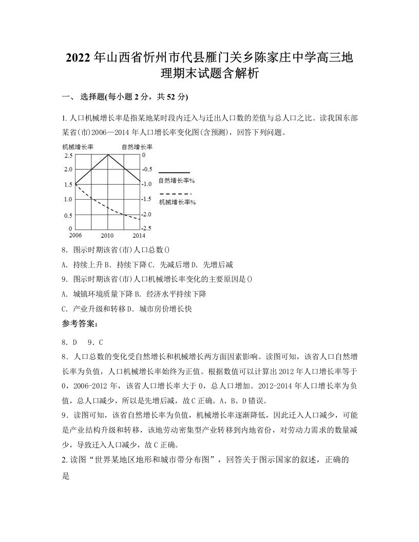 2022年山西省忻州市代县雁门关乡陈家庄中学高三地理期末试题含解析