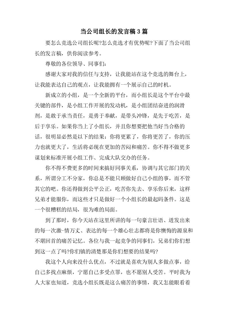 当公司组长的发言稿3篇