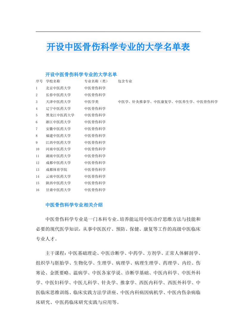 开设中医骨伤科学专业的大学名单表