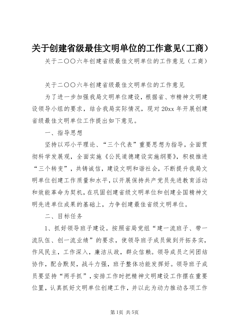 关于创建省级最佳文明单位的工作意见（工商）