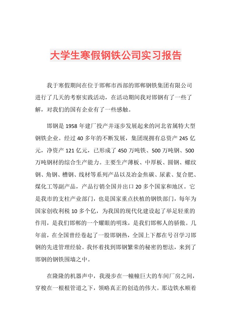 大学生寒假钢铁公司实习报告