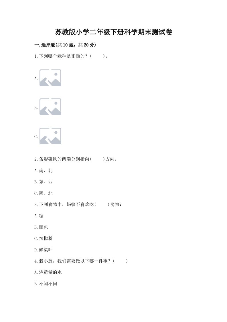 苏教版小学二年级下册科学期末测试卷及参考答案（基础题）