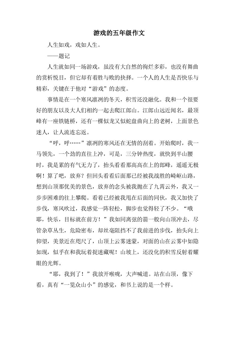 游戏的五年级作文