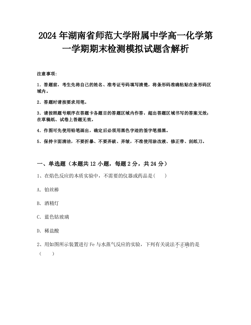 2024年湖南省师范大学附属中学高一化学第一学期期末检测模拟试题含解析