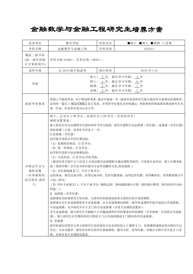 金融数学与金融工程研究生培养方案