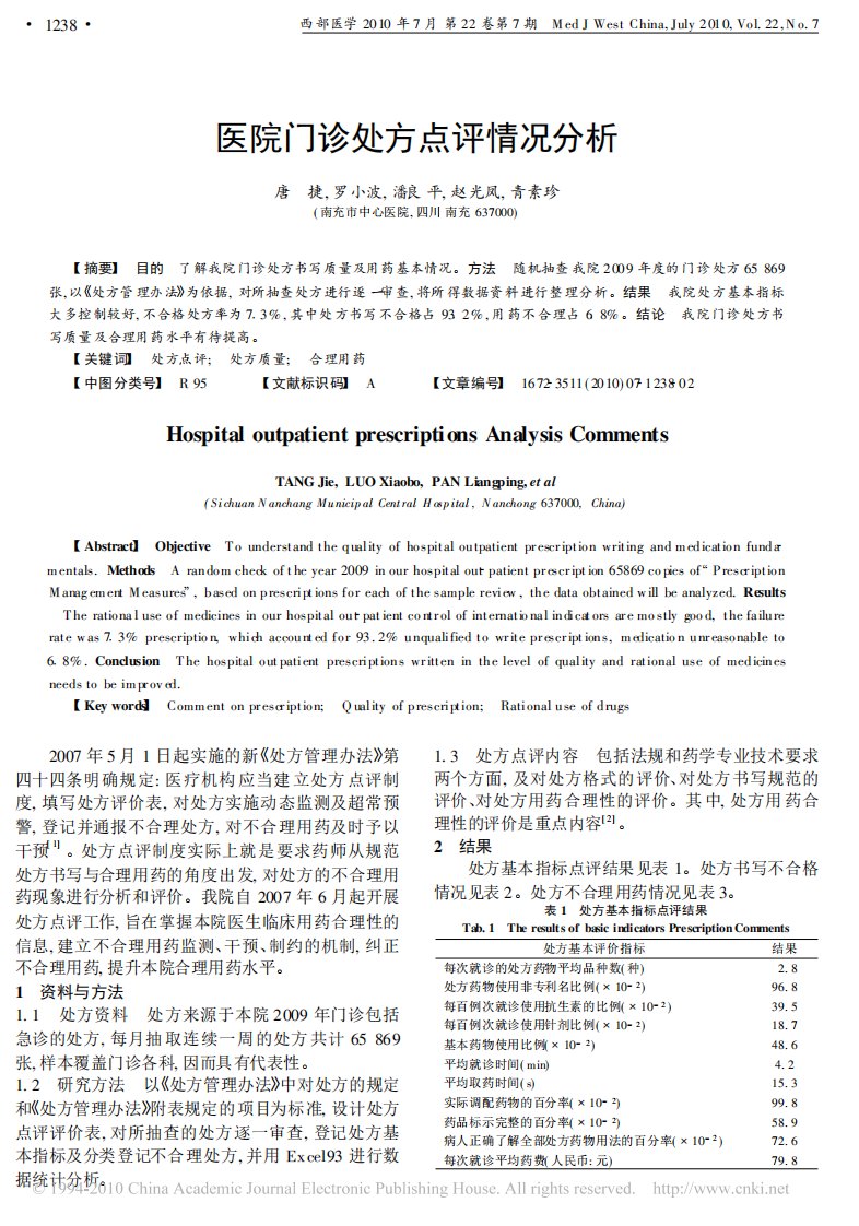 医院门诊处方点评情况分析