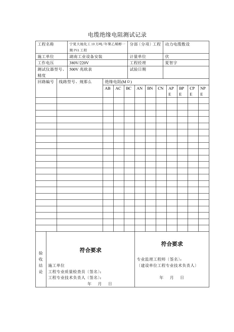 电缆绝缘电阻测试记录