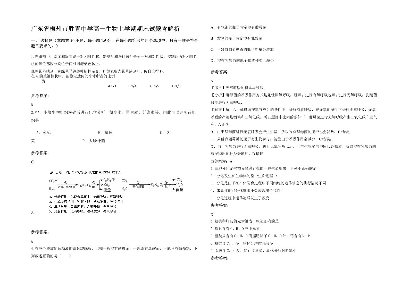 广东省梅州市胜青中学高一生物上学期期末试题含解析