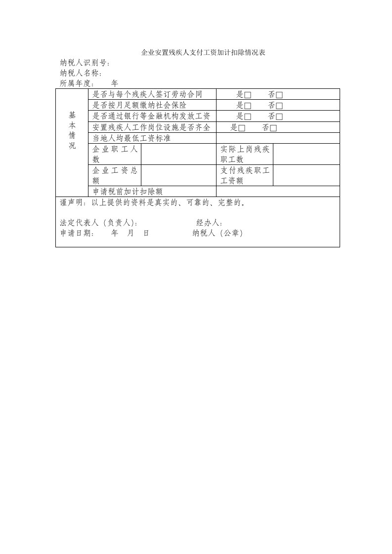 企业安置残疾人支付工资加计扣除情况表