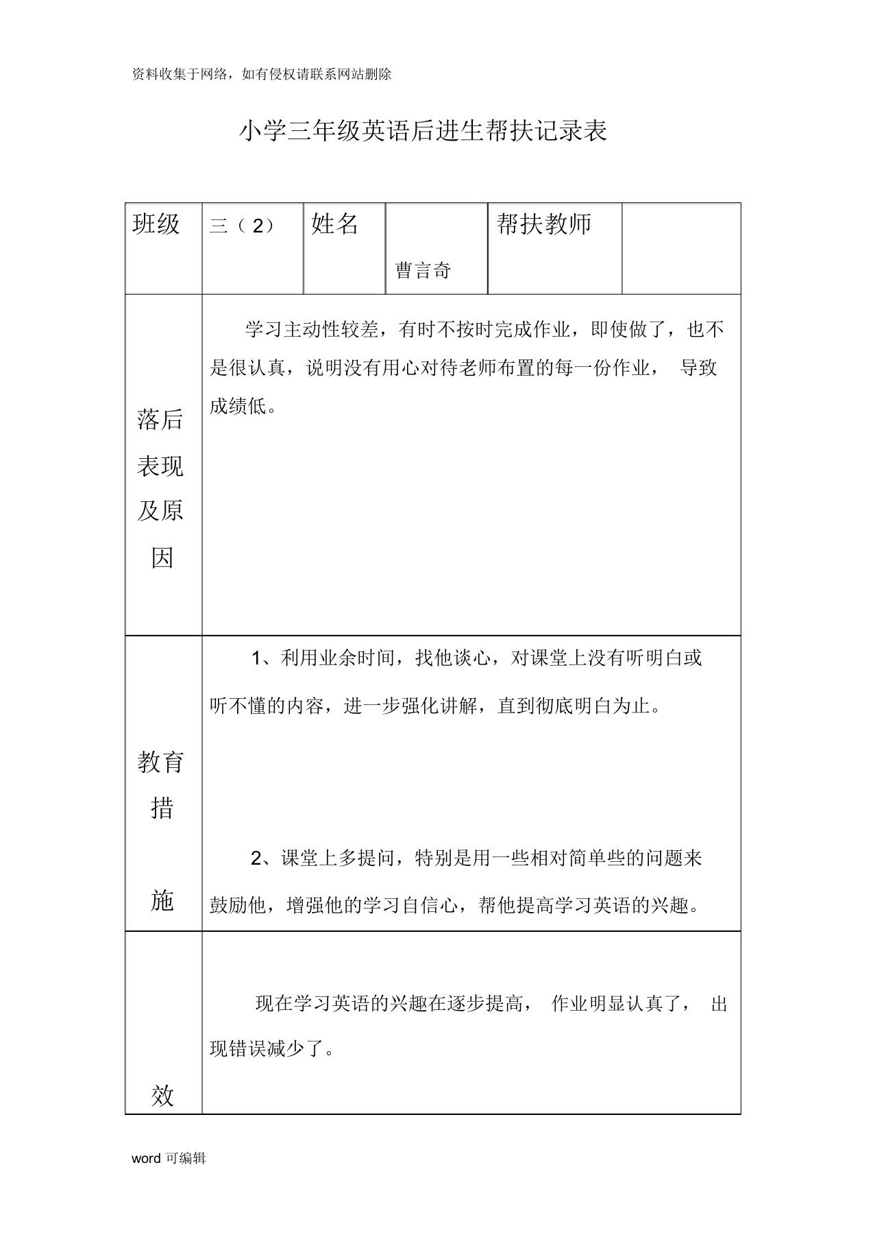 小学三年级英语后进生帮扶记录表讲解学习