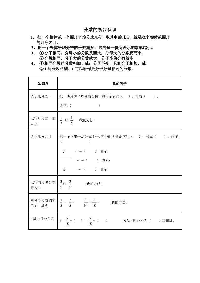 【小学中学教育精选】三上第七单元分数的初步认识知识整理及复习题