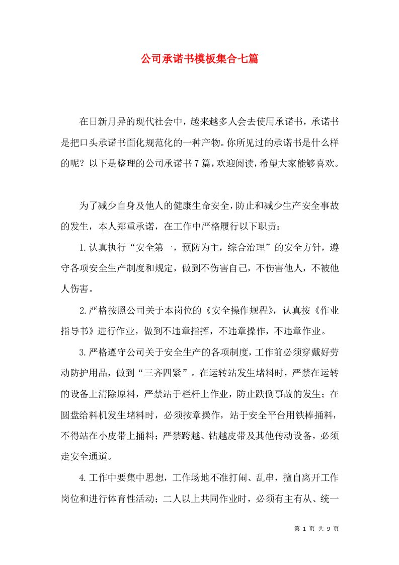 公司承诺书模板集合七篇