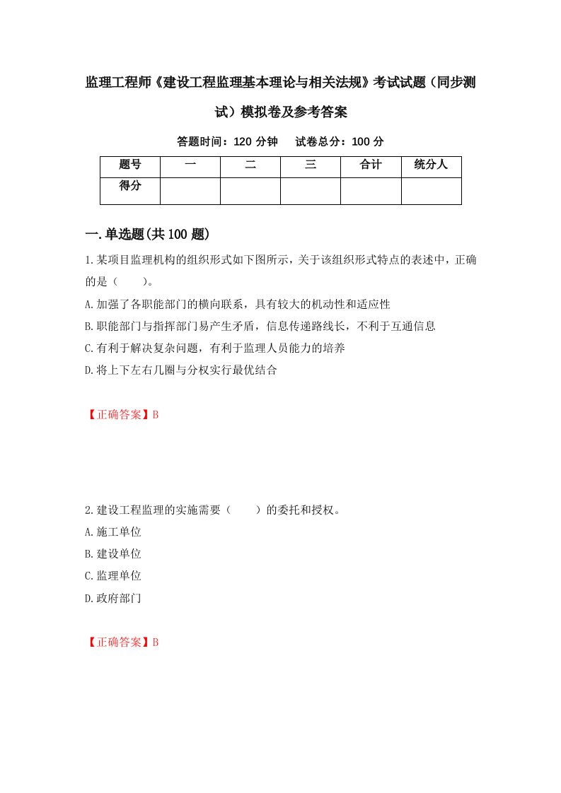 监理工程师建设工程监理基本理论与相关法规考试试题同步测试模拟卷及参考答案第77期