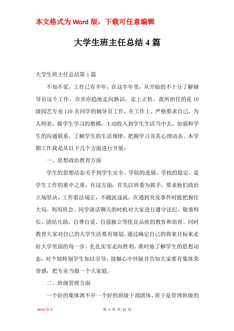 大学生班主任总结4篇