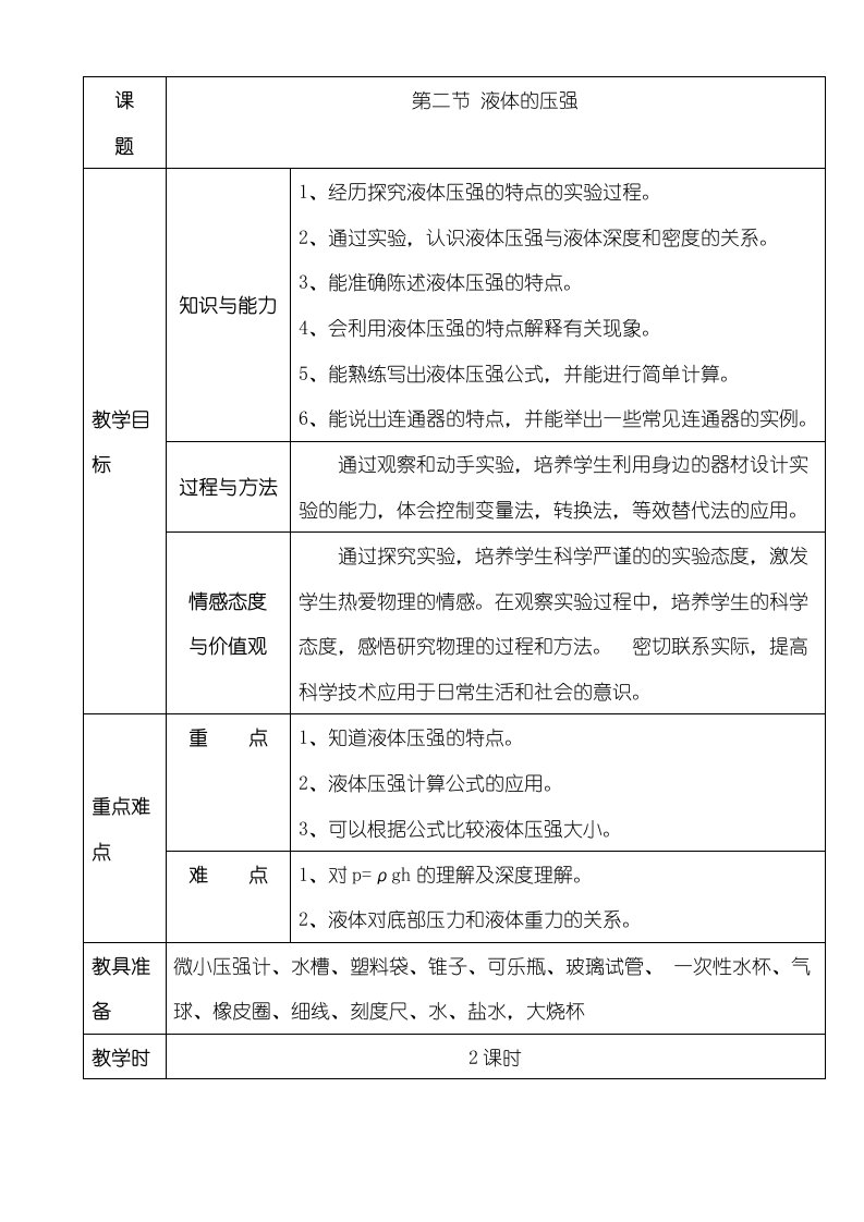 人教版八年级物理下册第9章第2节液体的压强教案