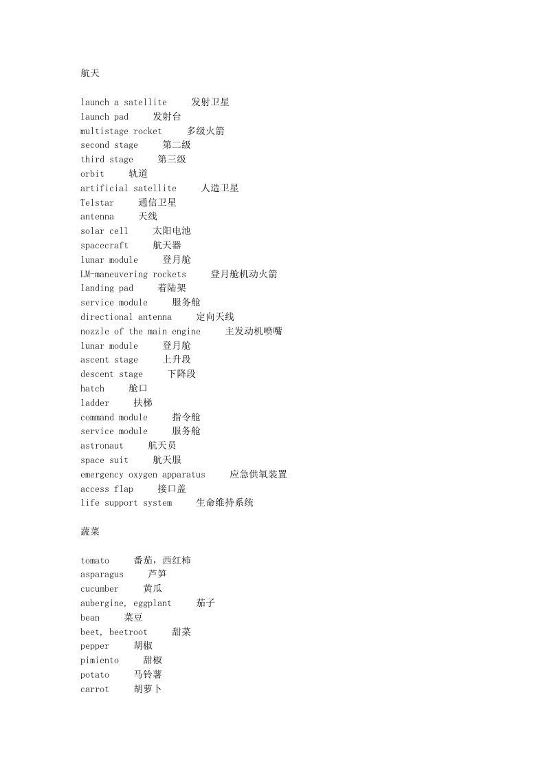 英语词汇分类航天蔬菜汽车