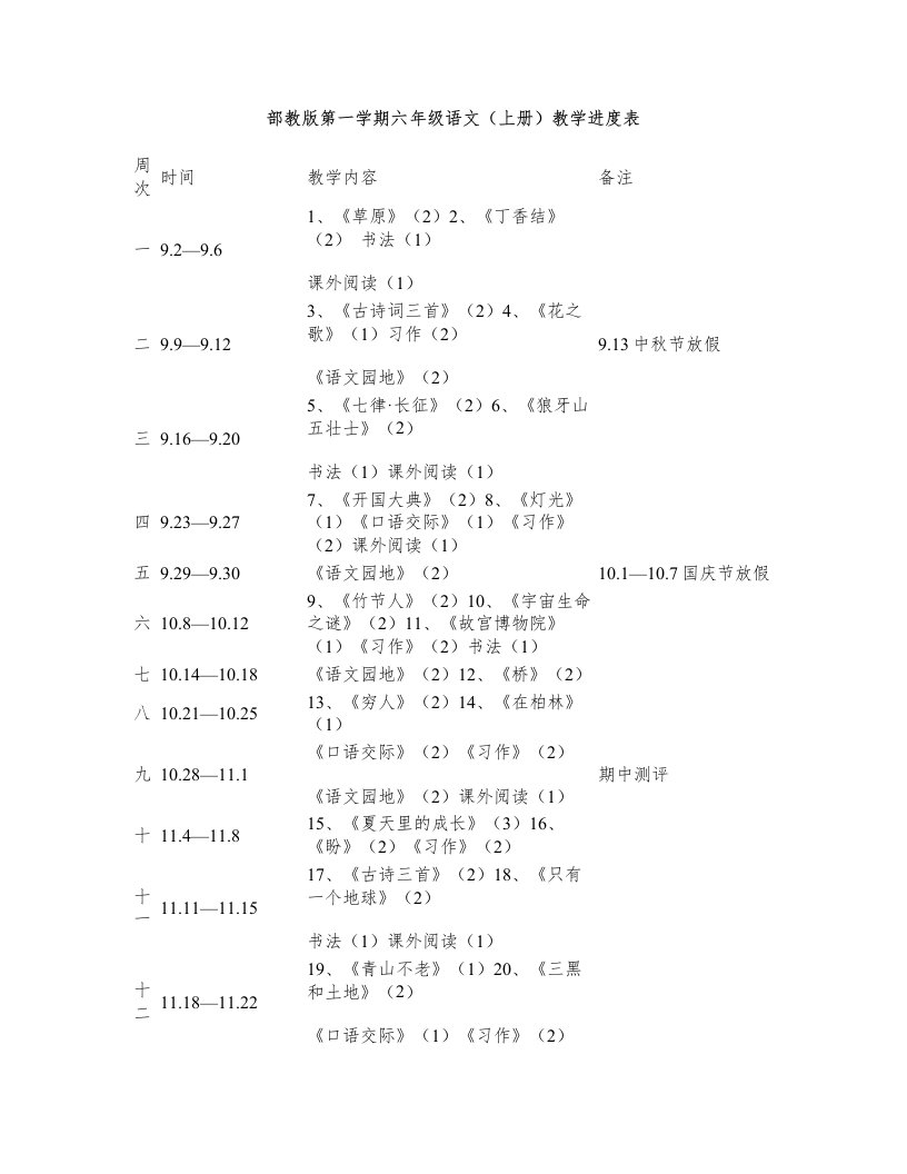 部编版六年级上册语文教学进度表