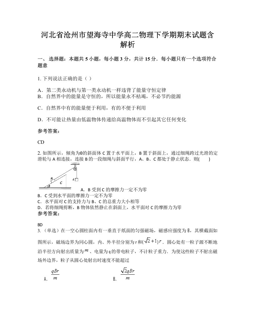 河北省沧州市望海寺中学高二物理下学期期末试题含解析