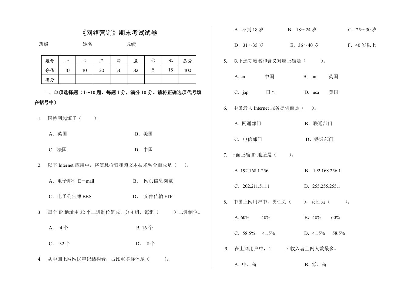 2021年网络营销期末考试试题及答案