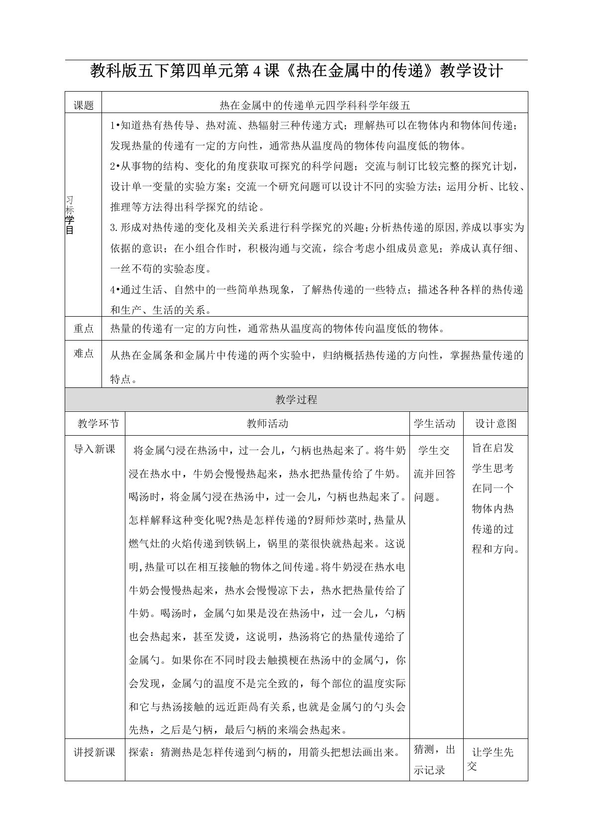 教科版五年级科学下册第四单元第4课《热在金属中的传递》教案
