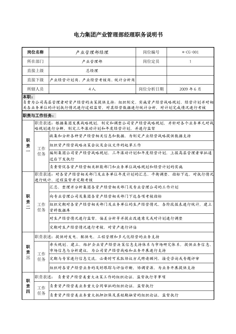 电力集团产业管理部经理职务说明书