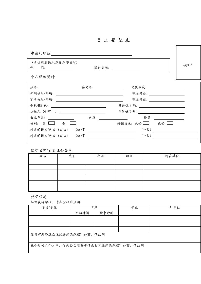 表格模板-附件54：员工登记表