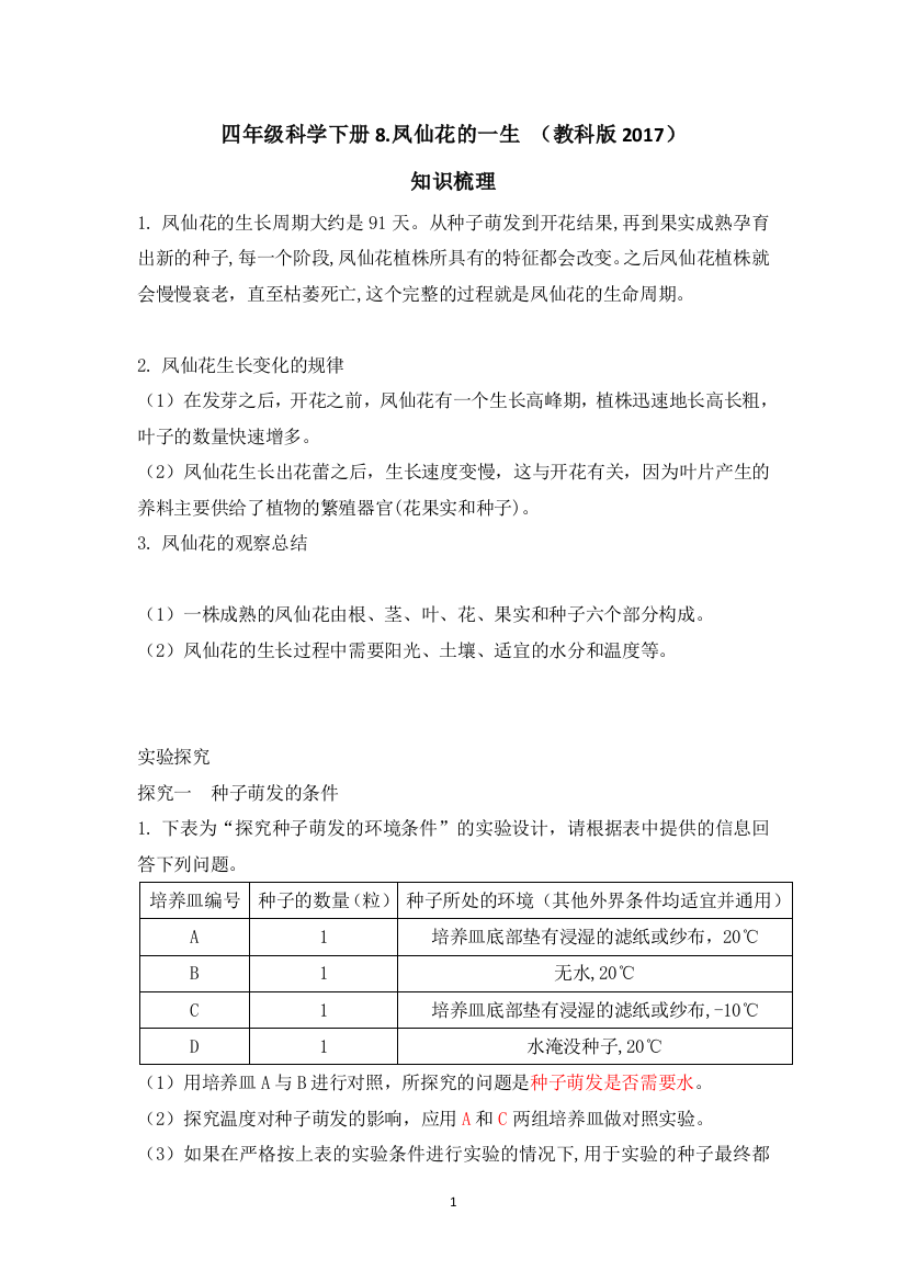 【精品教案】四年级科学下册知识梳理-8.凤仙花的一生-教科版