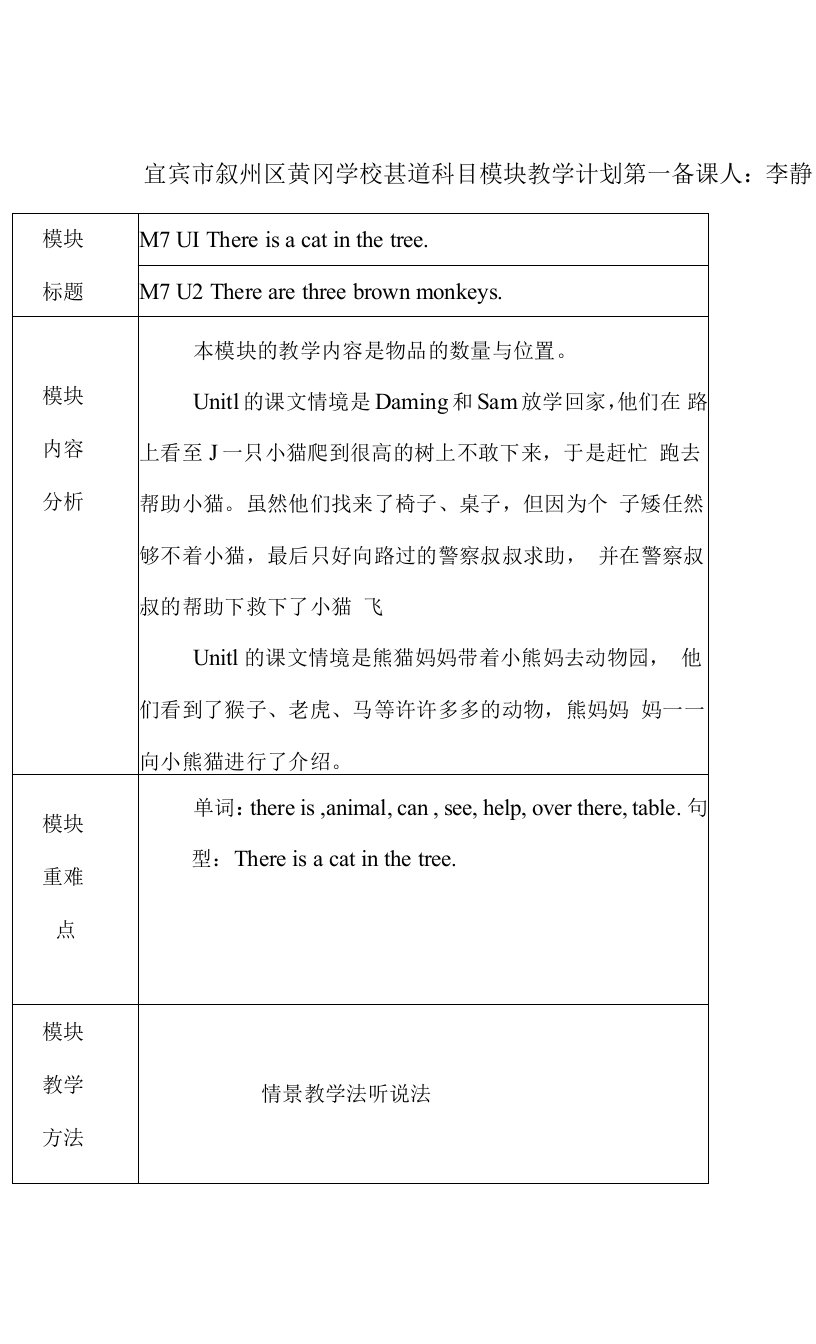 一年级下册Module7Module7Unit1Thereiscatinthetree教案