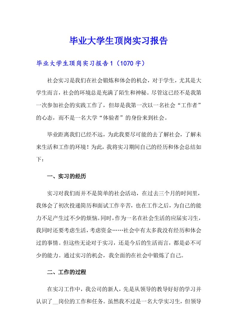 毕业大学生顶岗实习报告