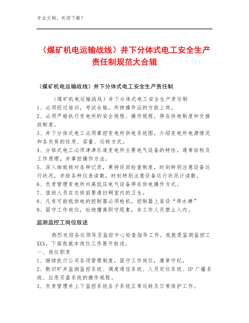 （煤矿机电运输战线）井下分体式电工安全生产责任制规范大合辑