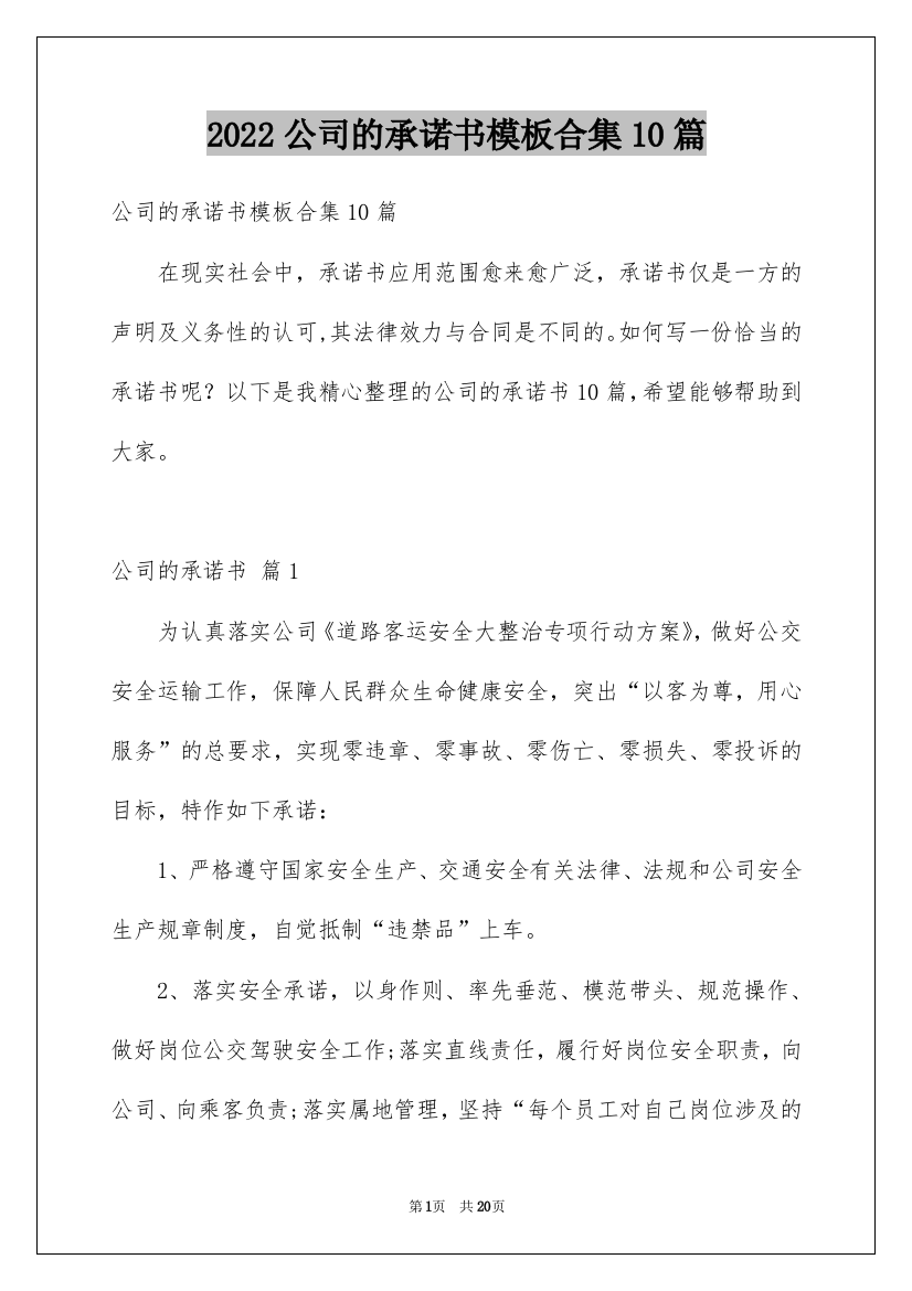 2022公司的承诺书模板合集10篇