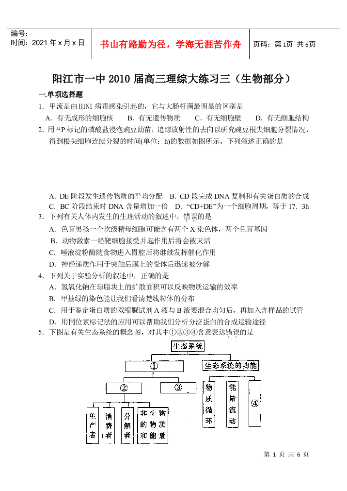 XXXX阳江一中理综大练习三（生物）