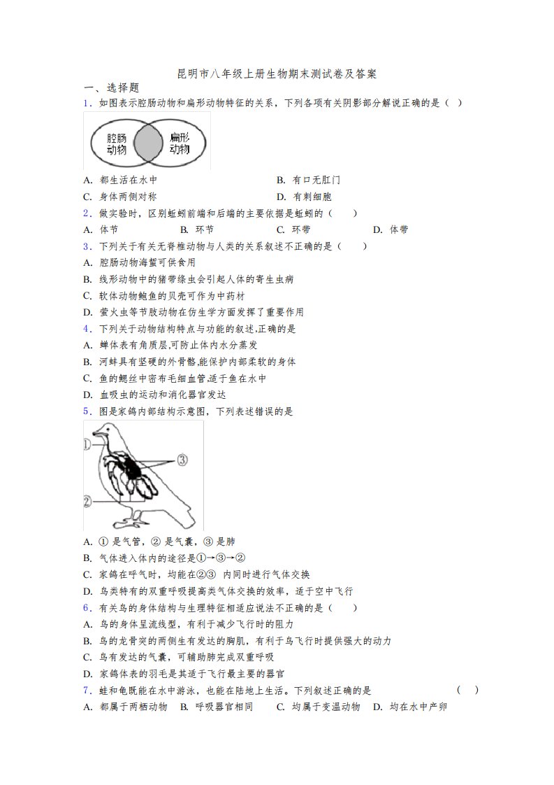 昆明市八年级上册生物期末测试卷及答案