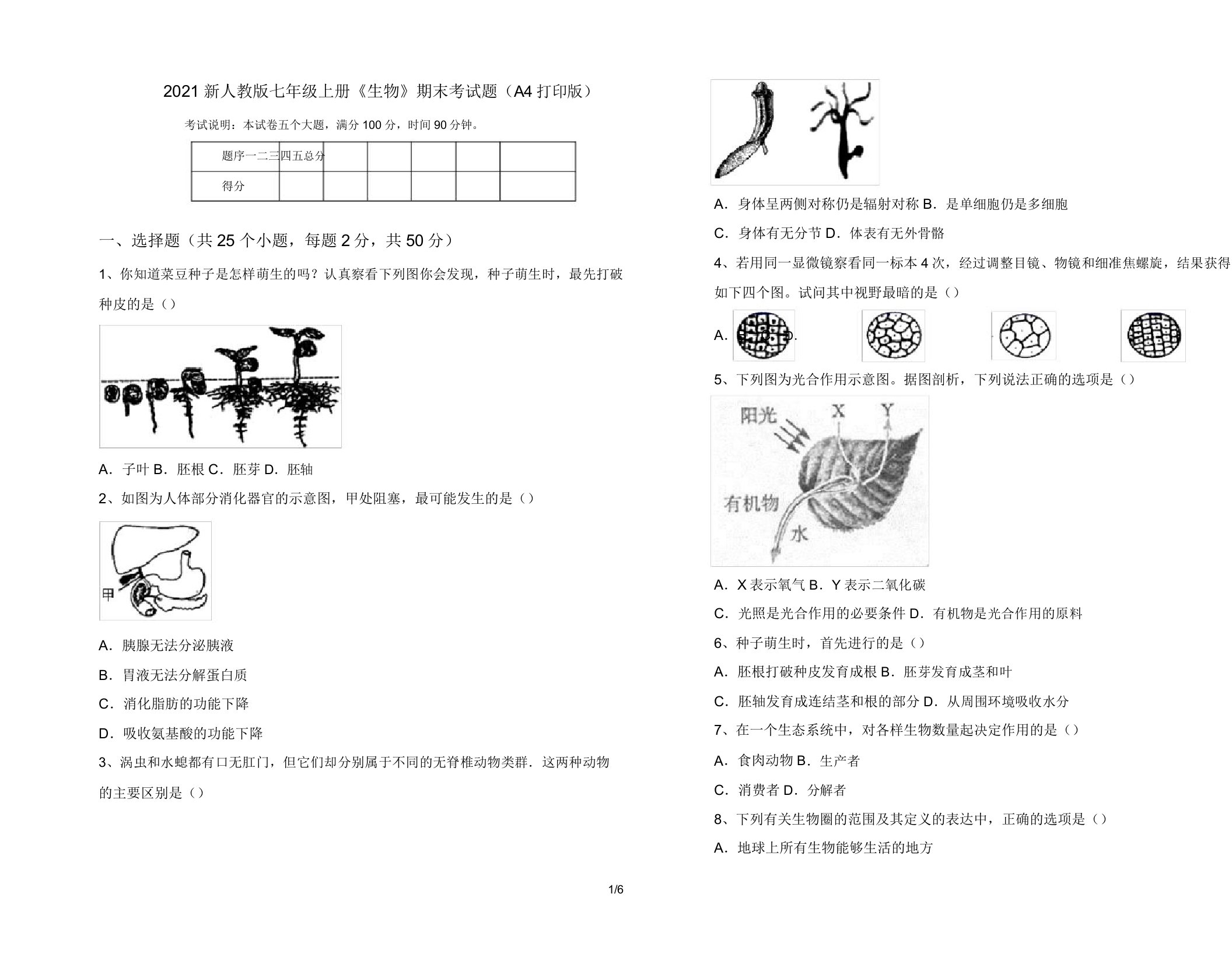 2021新人教版七年级上册《生物》期末考试题(A4打印版)