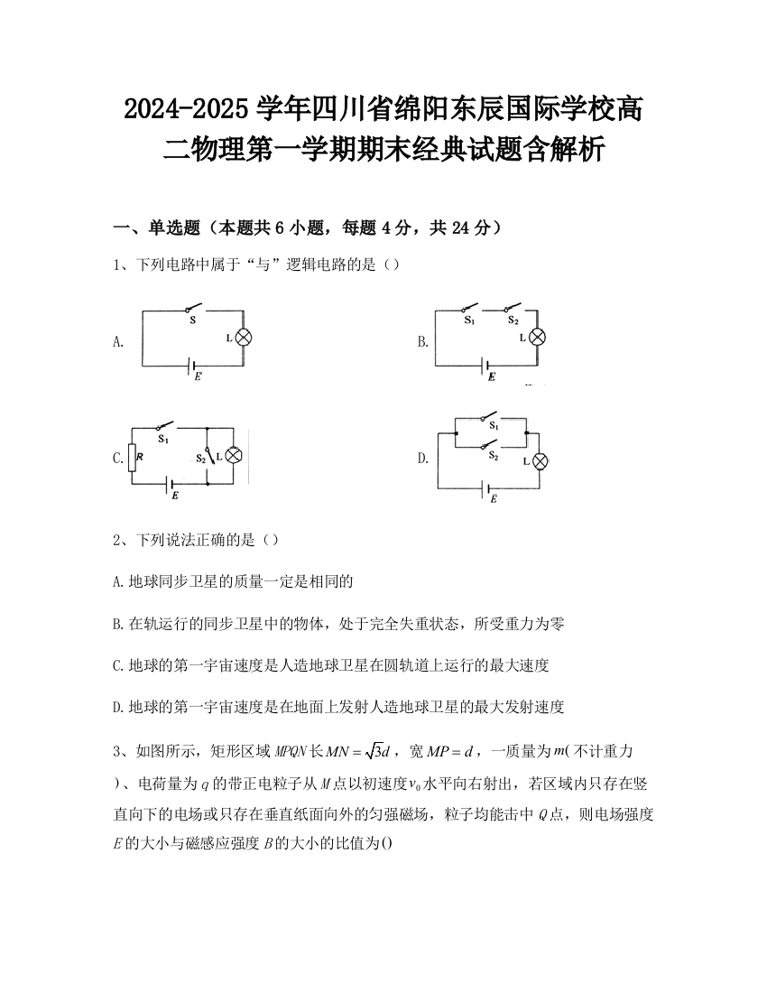 2024-2025学年四川省绵阳东辰国际学校高二物理第一学期期末经典试题含解析