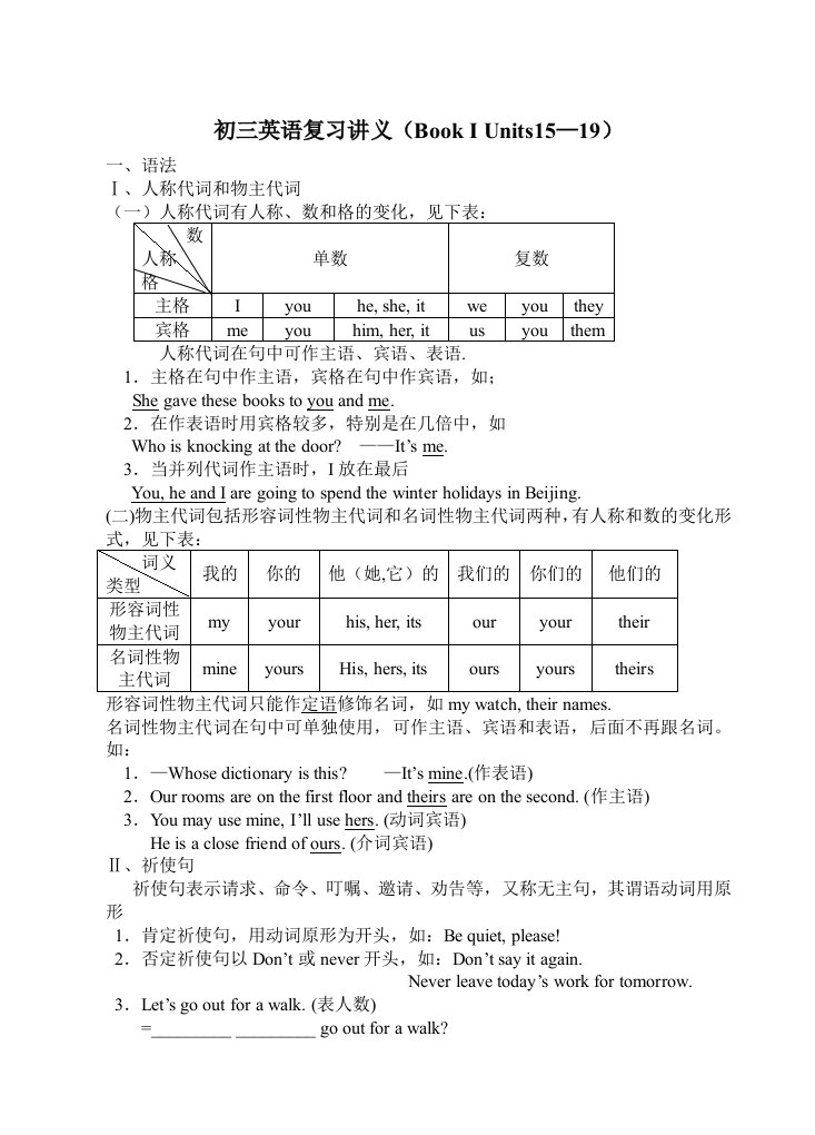 初三英语复习讲义(BookIUnits15-19)