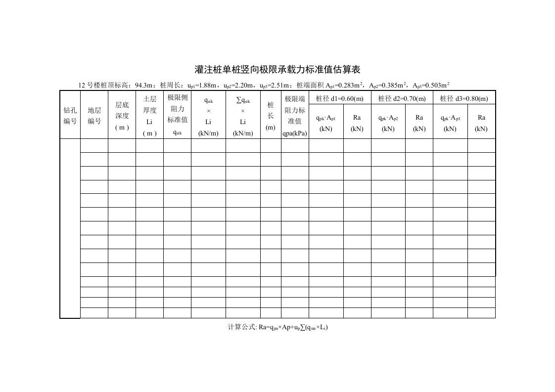 灌注桩单桩竖向极限承载力标准值估算表格式