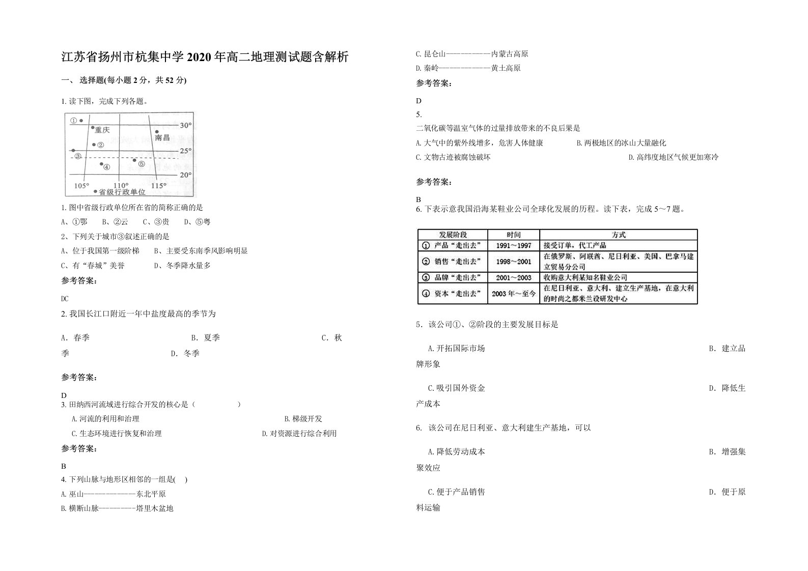 江苏省扬州市杭集中学2020年高二地理测试题含解析