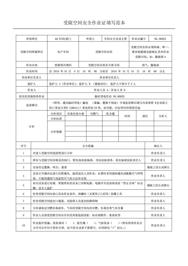 受限空间安全作业证填写范本