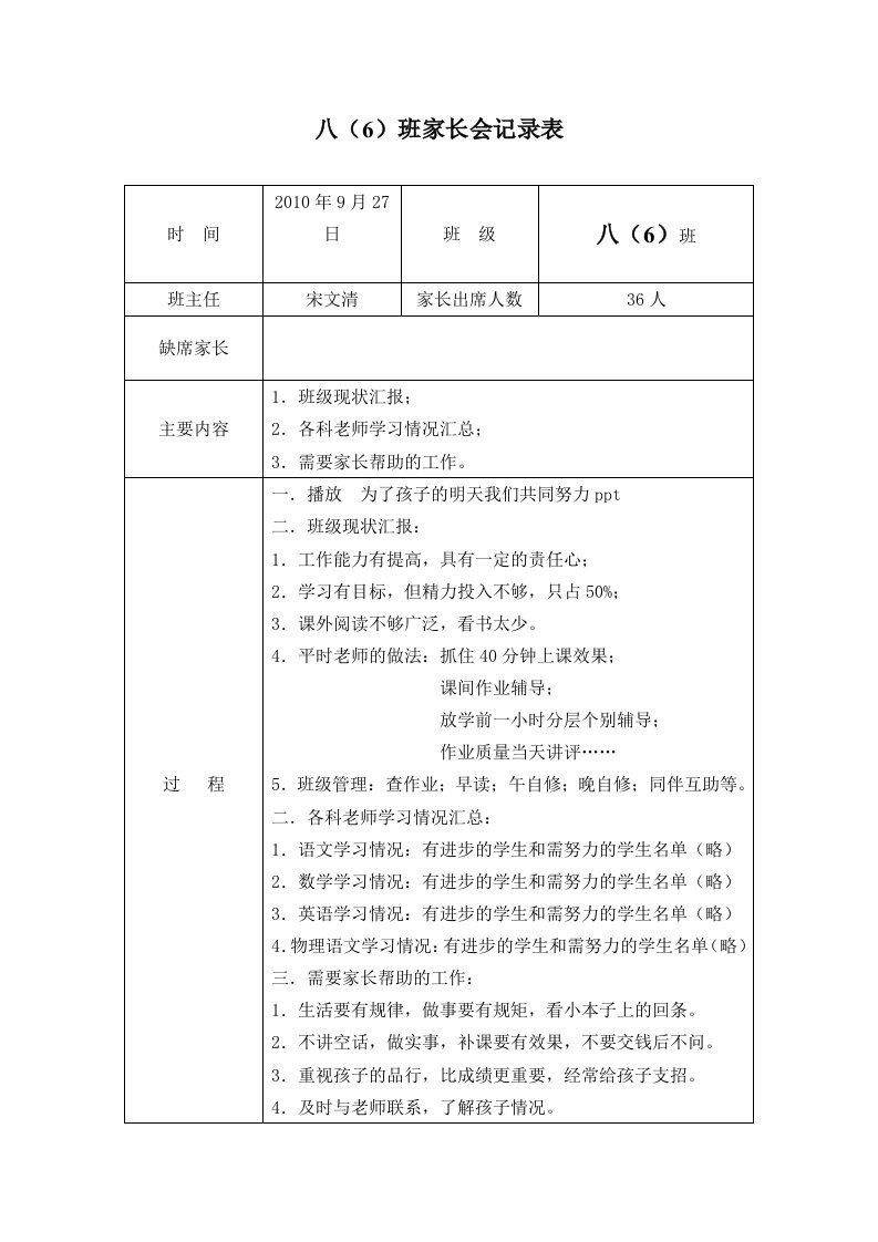 家长会记录表