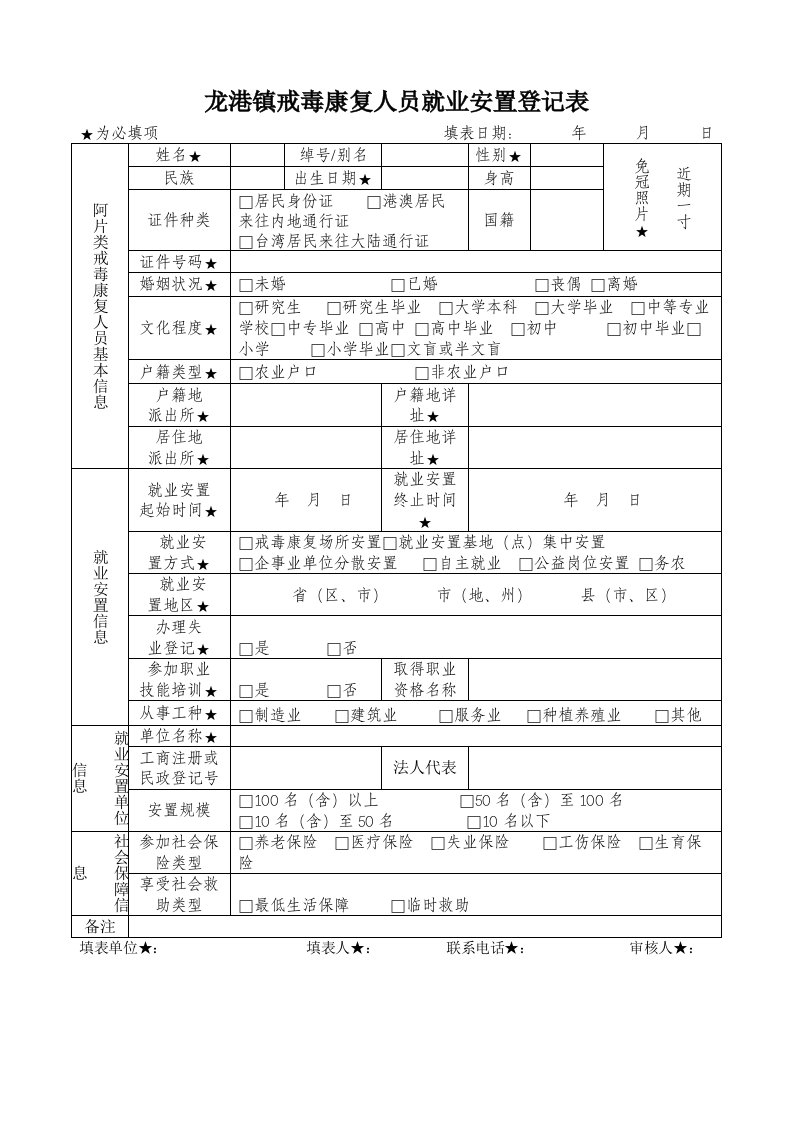 龙港镇戒毒康复人员就业安置登记表