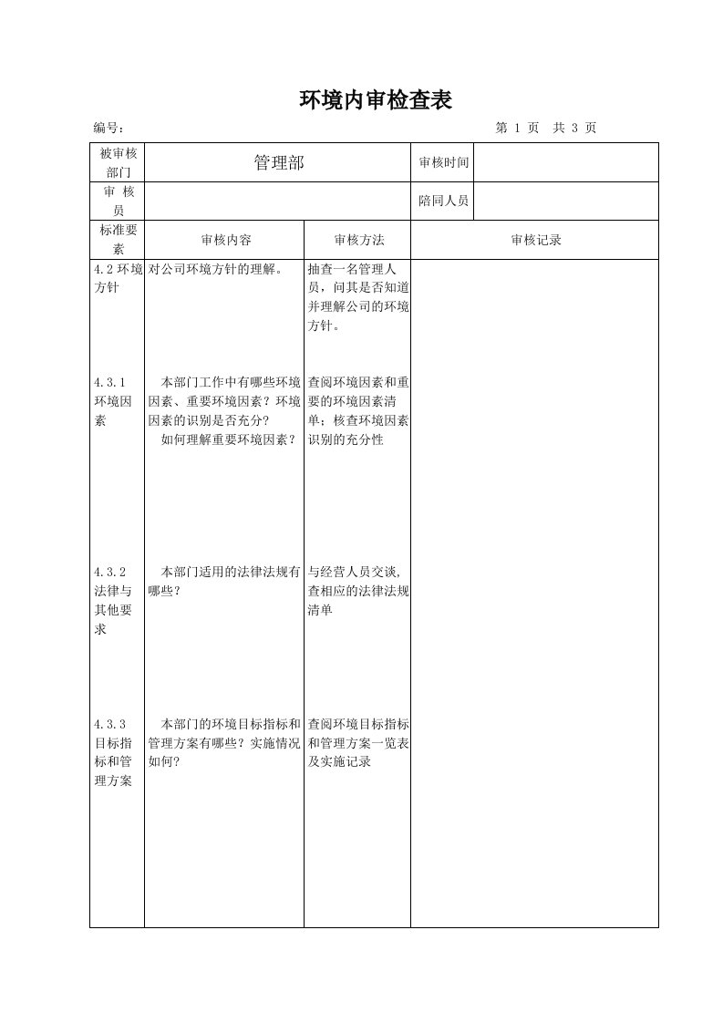 管理部iso环境内审检查表