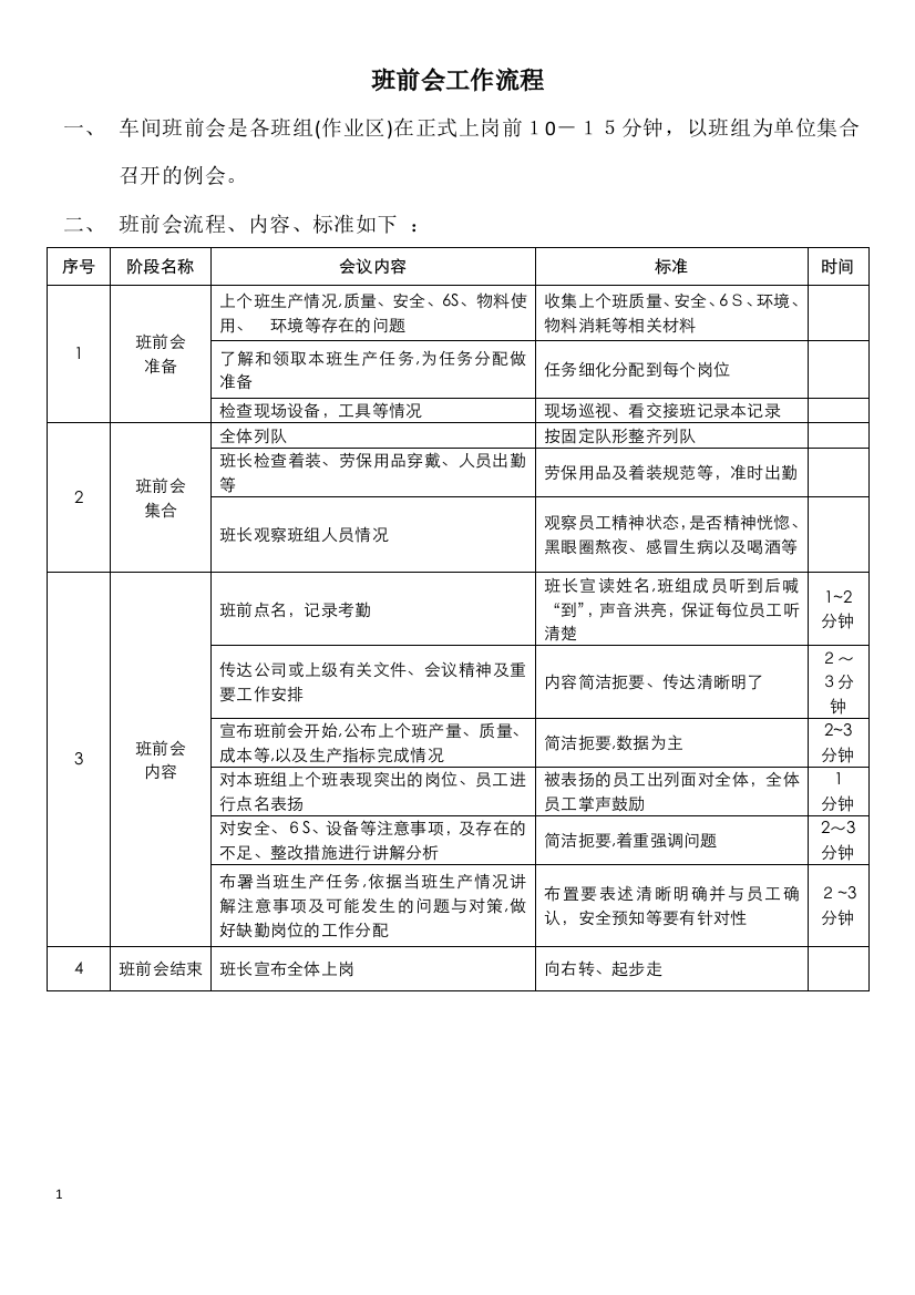 车间班前会开会流程