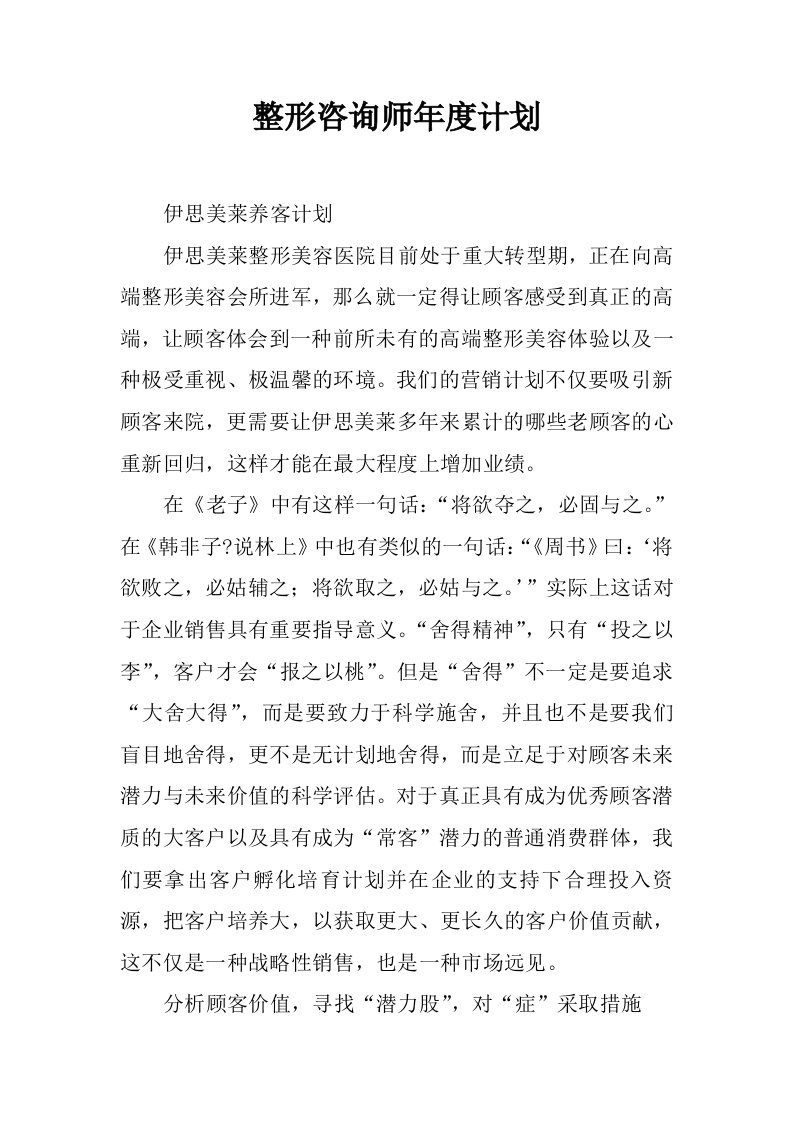 整形咨询师年度计划