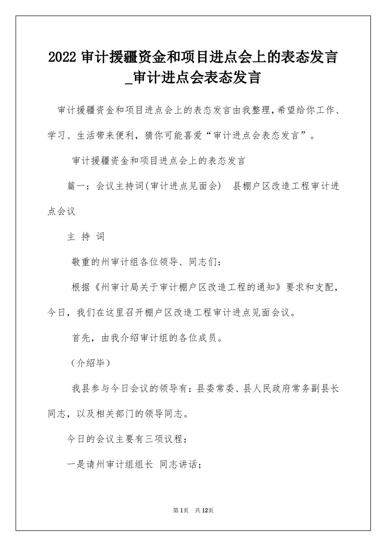 2022审计援疆资金和项目进点会上的表态发言_审计进点会表态发言