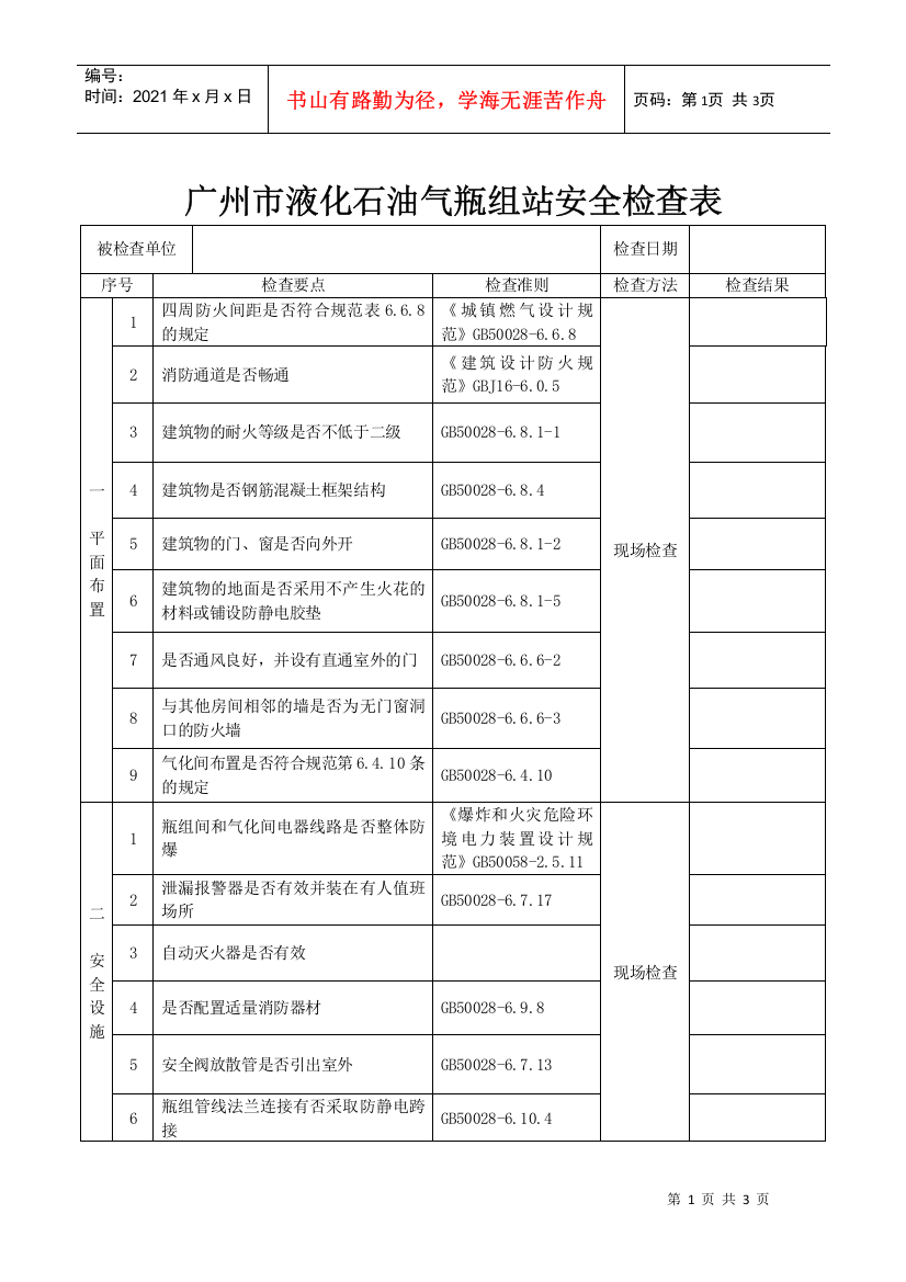 广州市液化石油气瓶组站安全检查表