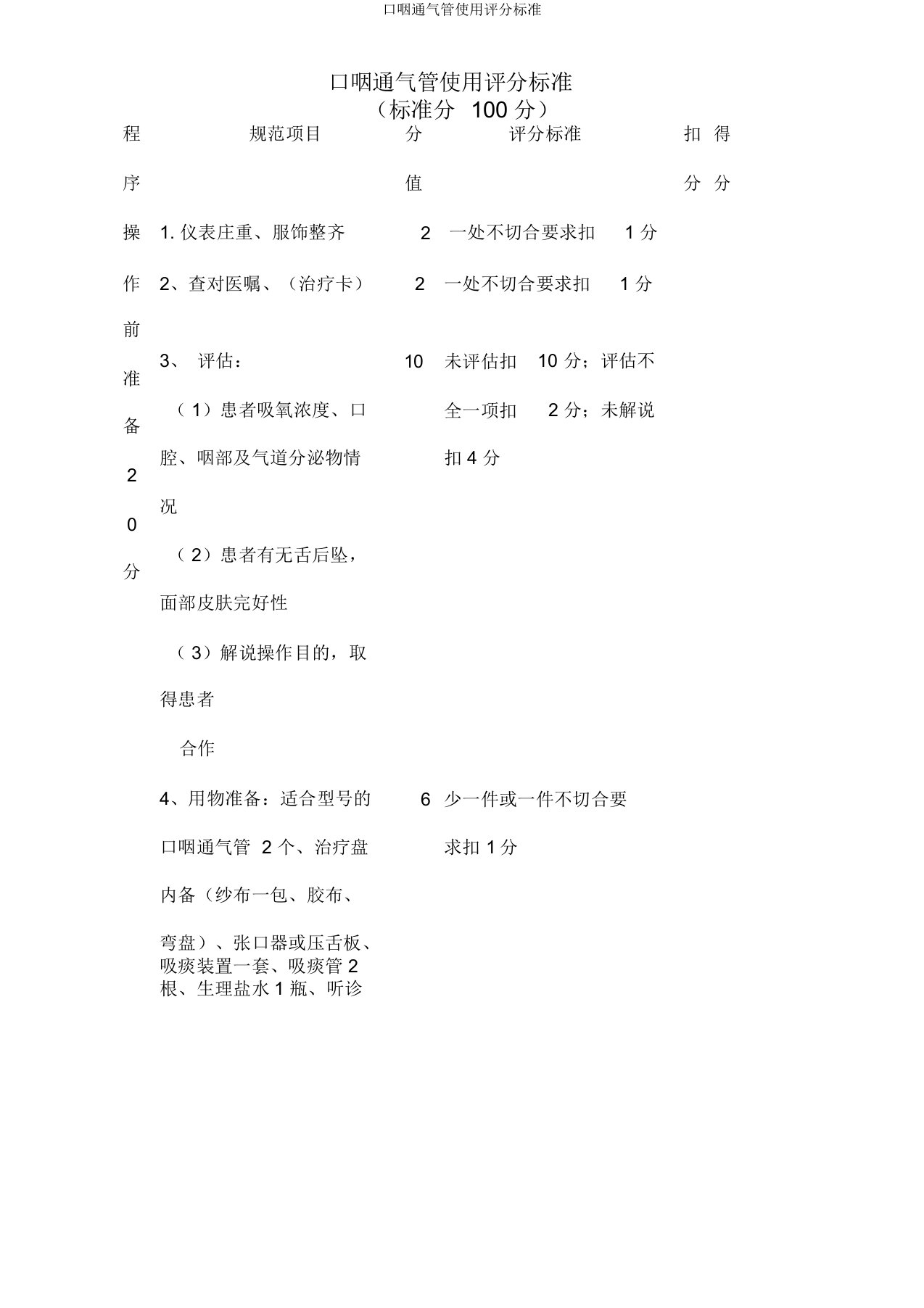 口咽通气管使用评分标准