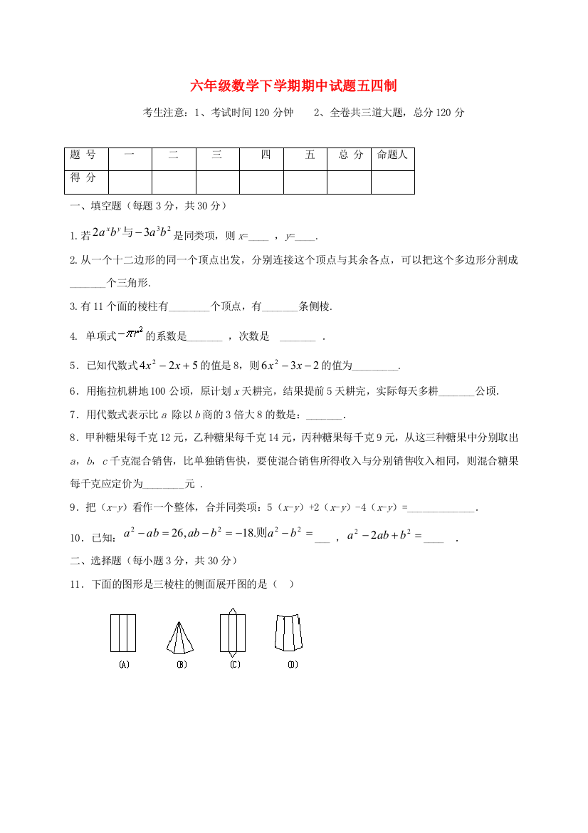 六年级数学下学期期中试题五四制.doc