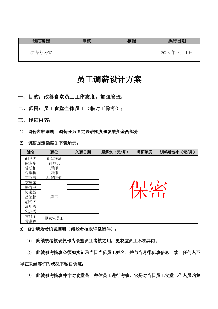 员工食堂调薪方案